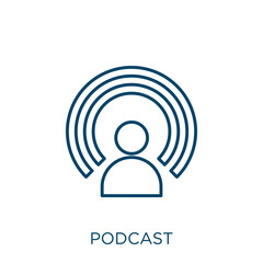 Poster - podcast icon. Thin linear podcast outline icon isolated on white background. Line vector podcast sign, symbol for web and mobile.