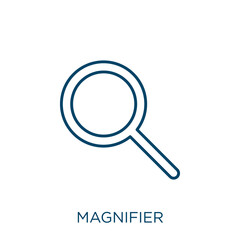 Poster - magnifier icon. Thin linear magnifier outline icon isolated on white background. Line vector magnifier sign, symbol for web and mobile.