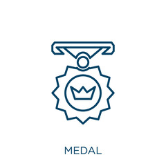 Poster - medal icon. Thin linear medal outline icon isolated on white background. Line vector medal sign, symbol for web and mobile.