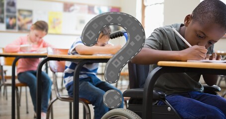 Poster - Digital composite of gray question mark over students writing at desk in classroom
