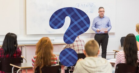 Poster - Digital composite of checked pattern question mark over professor teaching college students
