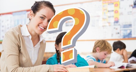 Poster - Digital composite of question mark over smiling teacher helping students in classroom