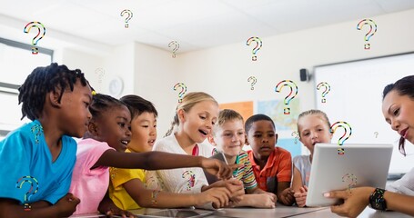 Poster - Digital composite of question marks over teacher showing tablet pc to students in classroom