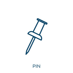 Poster - pin icon. Thin linear pin outline icon isolated on white background. Line vector pin sign, symbol for web and mobile.