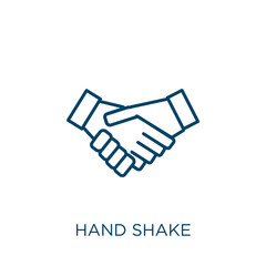 Poster - hand shake icon. Thin linear hand shake outline icon isolated on white background. Line vector hand shake sign, symbol for web and mobile.