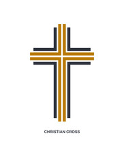 Christian Cross Modern Linear Style Vector Symbol Isolated On White, Faith And Belief Contemporary Crucifix Sign Of Jesus Christ Stripy Graphic Design.
