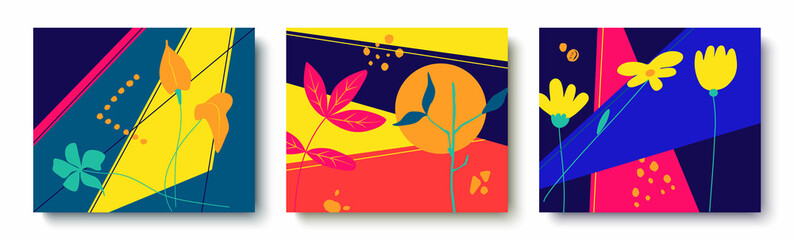 Aufkleber - A set of vector abstract summer backgrounds. Templates for stories in social networks, invitations to events, greeting cards, advertising banners. Floral design in a flat style.