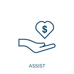 Poster - assist icon. Thin linear assist outline icon isolated on white background. Line vector assist sign, symbol for web and mobile.