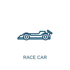 Poster - race car icon. Thin linear race car outline icon isolated on white background. Line vector race car sign, symbol for web and mobile.