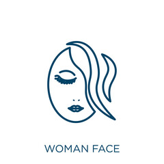 Poster - woman face icon. Thin linear woman face outline icon isolated on white background. Line vector woman face sign, symbol for web and mobile.