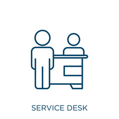 Poster - service desk icon. Thin linear service desk outline icon isolated on white background. Line vector service desk sign, symbol for web and mobile.