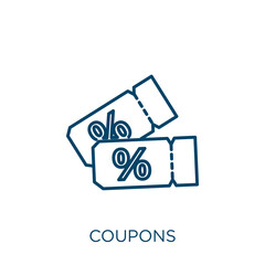 Poster - coupons icon. Thin linear coupons outline icon isolated on white background. Line vector coupons sign, symbol for web and mobile.