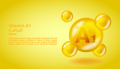 Wall Mural - 3D Vitamin molecule A1 Retinal design. Realistic A1 Retinal Vitamin drop. Yellow nutrition complex illustration.