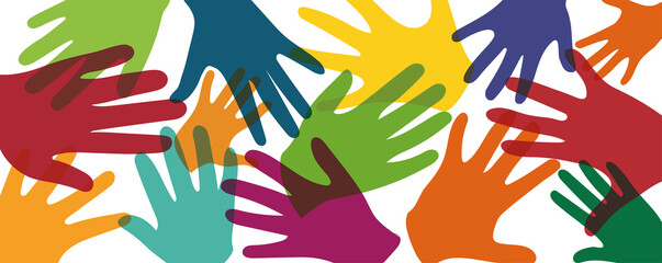 Poster - Abstract silhouette group of hands of multicultural children. Kindergarten teamwork friendship between kids of diverse culture. School or community of multiethnic children. Childhood