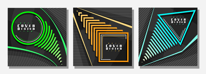 Wall Mural - Vector set of Square Covers, 3 colorful layouts with decorative circles and triangles with copy space for ad text, abstract cover templates for advertising, square placard with dark striped background