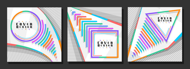 Wall Mural - Vector set of Square Covers, 3 colorful layouts with decorative circles and triangles with copy space for ad text, abstract cover template for advertising, square placard with white striped background