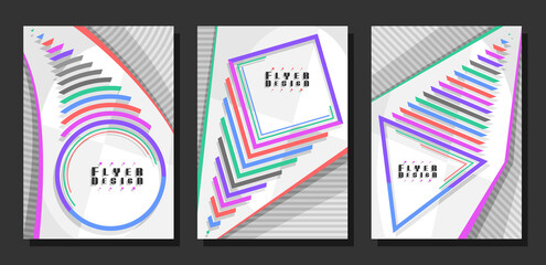 Wall Mural - Vector Flyers Set, 3 colorful layouts with decorative geometric shapes with copy space for text on white striped background, collection of minimal design flyer templates for corporate business company