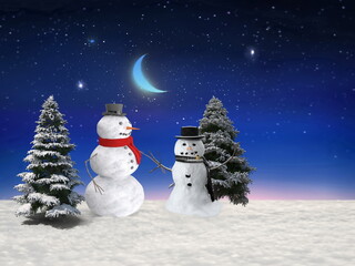 snow man and  moon on strarry sky winter snowy weather fairy night festive  Christmas tree  blue nature landscape background  greetings card 3 D illustration