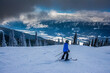 Revelstoke Mountain Resort, British Columbia Canada, male skier gets superb views of Columbia River Valley