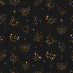 Celestial butterfly outline Seamless pattern. Beautiful moth vector magic ornament