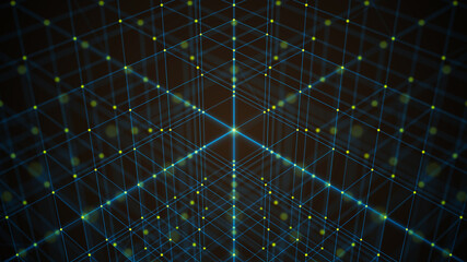 Poster - Cubic abstract background with bright lines and dots. Illustration of big data. Network connection. Internet connection. Cubic network. 3d rendering.
