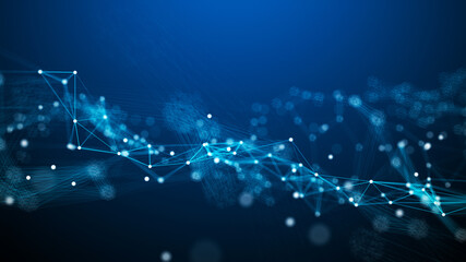 Abstract blue digital background. Visualization of big data. Network connection. Worldwide connection to the Internet. Scientific background with lines and dots. 3d rendering.