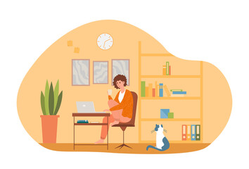 Poster - concept of woman working. girl sitting at table. profession, professional. office work, accountant, 