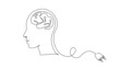 Continuous one line drawing of head person and brain with plug. Concept of burnout syndrome and tired at work in simple linear style. Doodle Vector illustration