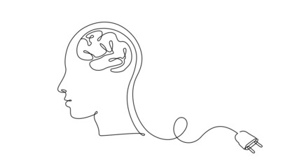 Poster - Continuous one line drawing of head person and brain with plug. Concept of burnout syndrome and tired at work in simple linear style. Doodle Vector illustration