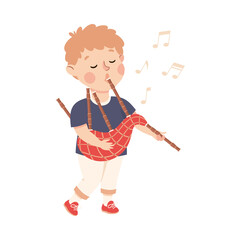 Poster - Little Boy Playing Bagpipe Musical Instrument Performing on Stage Vector Illustration