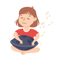 Wall Mural - Smiling Little Girl Playing Hang or Handpan Musical Instrument Performing on Stage Vector Illustration