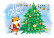 Merry Christmas! A cute cartoon tiger in a sweater decorates the Christmas tree with toys and garland. Watercolor drawing. English lettering Christmas postcard. New Year card.