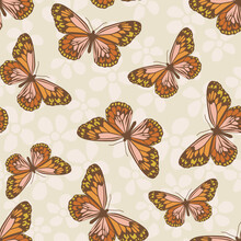 Seamless Pattern With Retro 70s Butterflies On A Floral Background.