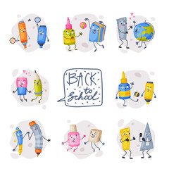 Sticker - Funny Office Supplies Humanized Character with Ruler and Highlighter Having Fun Playing Ball and Holding Hand Vector Set