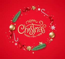 Aufkleber - Christmas greeting card with wreath and lettering inscription