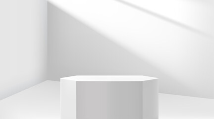 Poster - Room corner with sunlight from the window and pedestal. Realistic 3d style vector illustration