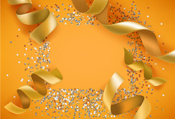 Poster - Blank frame with golden ribbons and foil confetti. Greeting card template with copy space