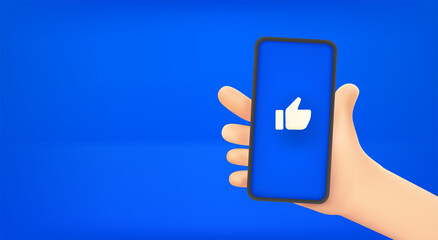Aufkleber - Man holding smartphone with thumbs up symbol. Vector banner with copy space