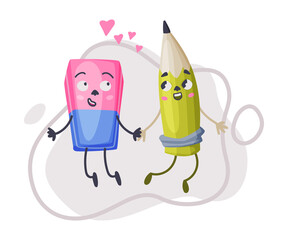 Wall Mural - Smiling Eraser and Pencil in Love as Office Supply Humanized Character Holding Hands Vector Illustration