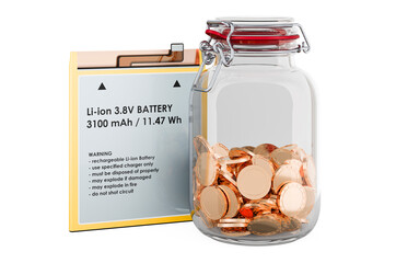 Poster - phone battery with glass jar full of golden coins, 3d rendering