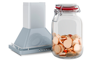 Poster - kitchen extractor hood with glass jar full of golden coins, 3d rendering