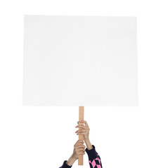 Wall Mural - Woman holding blank sign on white background, closeup