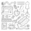 Set of sewing doodle. Craft supplies and tools: sewing machine, buttons, scissors, pin and thread spools. Hand drawn vector illustration isolated on white background.