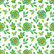 Seamless watercolor pattern with green flowers and leaves on a white background. Decorative botanical elements