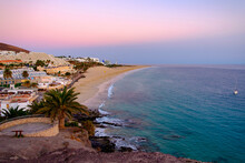 View On The Beach Of Morro Jable On The Sunset, On The Canary Island Fuerteventura.
