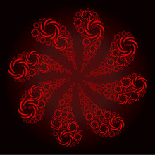 Red Whirl Rotation Icon Swirl Twist Petals Fireworks Composition On Red Dark Gradient Background. Rotation Twist Organized From Red Scattered Whirl Rotation Icons.