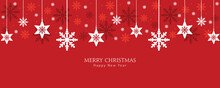 Xmas Banner With Hanging Snowflakes And Falling Red Flakes. Vector Design Of Winter Holiday Background. Merry Christmas Greeting Card.