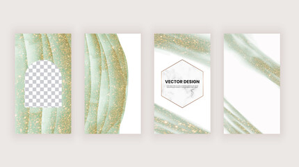 Wall Mural - Social media templates for stories with green watercolor and gold glitter texture