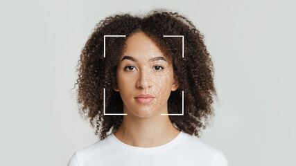 Poster - Biometric facial recognition of calm young african american female, isolate on gray background
