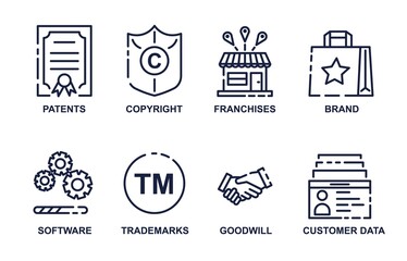 Wall Mural - Set of business icons. Graphic elements, deal, successful investment, portfolio with securities. Collection badges and buttons for site. Cartoon flat vector illustrations isolated on white background